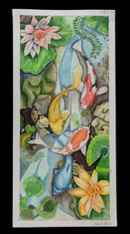 Koi Fish Pond Color Pencil Illustration, Signed - #S28-2