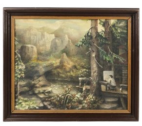 Mid-Century Cabin Mountain Landscape Oil On Board Painting - #A2