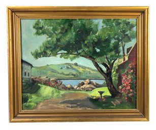 1951 Impressionist Lakeside Landscape Oil On Board Painting, Signed - #LBW-W