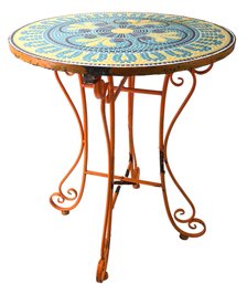 Orange, Yellow & Blue Mosaic Tile Top Wrought Iron Outdoor Bistro Table - #BR