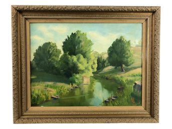 Mid-Century Forest Landscape Oil On Canvas Painting, Signed B. Marsh - #A8