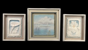 Airbrushed 3D Cast Paper Flower & Ocean Landscape Art, Signed Wesley 'Wess' Smith - #S12-5