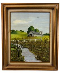 Mid-Century American Farm Landscape Oil On Board Painting, Signed - #A8