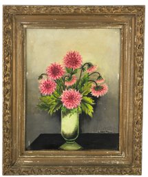 Mid-Century Dahlias Bouquet Still Life Oil On Board Painting, Signed L. Yanitelli - #RBW-W