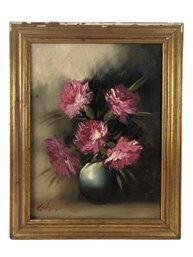 Mid-Century Peonies Still Life Oil On Board Painting, Signed - #A5
