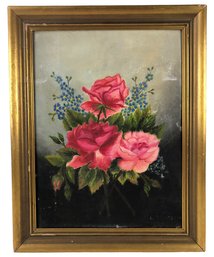 Mid-Century Rose Still Life Oil On Board Painting, Signed L. Yanitelli - #A5