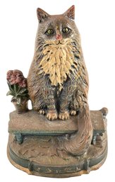 Vintage Painted Cast Iron Doorstop, Cat Perched On A Bench - #S16-4