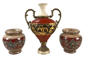 Pair Of Biagioli Italian Hand Painted Urns & Italian Porcelain Vase With Brass Handles - #S3-4