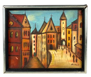 European Cityscape Oil On Canvas Painting, Signed Baker - #S5-4