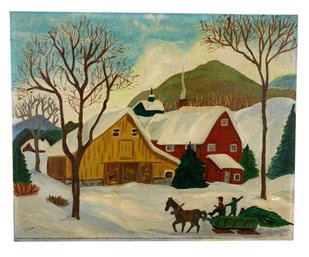 Folk Art Holiday Winter Farmstead Oil On Board Painting, Signed J. Finn - #A9