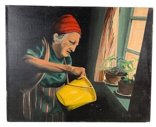 1973 'Woman Watering Plants' Signed Oil On Canvas Painting - #S13-F