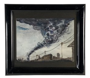 Macabre Urban Tornado Landscape Watercolor Painting, Signed Mark E. Farrell - #A3