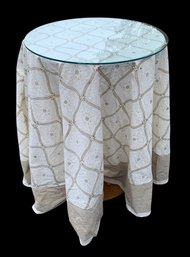 Round Wooden Pedestal Table With Clear Glass Top & Tablecloth By Saffron Marigold - #BR