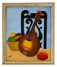 Mid-Century Still Life Mandolin With Fruit Oil On Board Painting, Signed - #A10