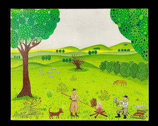 South American Gauchos Folk Art Oil On Canvas Painting, Signed - #S12-3