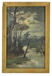 19th Century Tonalist Moonlit Landscape Oil Painting On Academy Board - #A5
