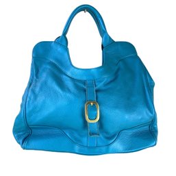 Foley & Corinna Teal Blue Leather Tote Bag With Gold-Tone Accents - #S14-3