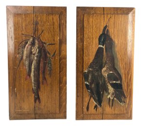 Folk Art Game Fish & Ducks Oil On Wood Panel Paintings - #R1