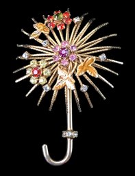 Vintage Joseph Warner Gold-Tone Rhinestone Umbrella Brooch - #JC-R