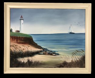 Lighthouse Ocean Landscape Oil On Canvas Painting, Signed Apolinar - #RBW-W