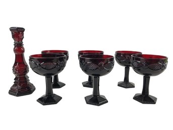 Vintage Avon 1876 Cape Cod Ruby Red Glass Wine Goblets & Candlestick - #S16-3