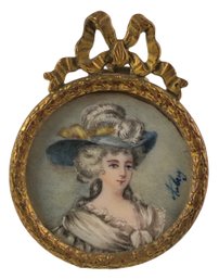 19th Century French Miniature Portrait Painting Of Noblewoman, Signed - #S4-2