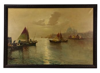 Venetian Sunset Harbor Landscape Oil On Canvas Painting, Signed Hansen - #S13-F