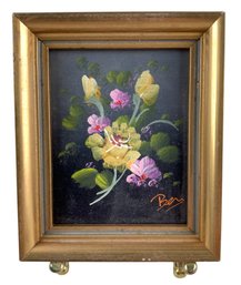 Signed Miniature Floral Still Life Oil On Board Painting With Brass Tabletop Art Easel - #FS-4