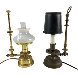 Miniature Brass Student Desk Lamps With Milk Glass & Tole Metal Shades - #S13-2