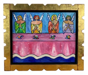 'Last Cappuccino' Folk Art Oil On Board Painting, Signed Janet Davis - #BR-5