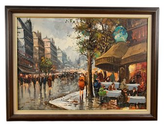 1999 Parisian Street Scene Oil On Canvas Painting, Signed - #BR-4