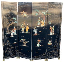 Chinese 4-Panel Room Divider Hand Painted With Carved Soapstone - #SR