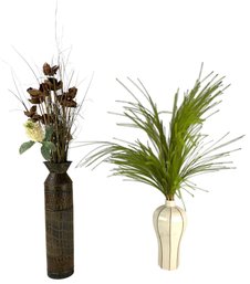 Tall Ceramic & Metal Vases With Faux Grass Spray / Flowers - #S2-5