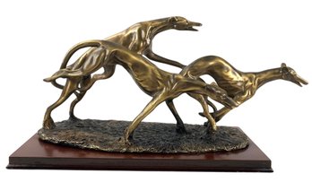 Racing Greyhounds Gilded Resin Statue On Wood Base - #S12-4