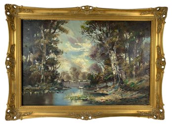 Impressionist River Landscape Oil On Canvas Painting, Signed Jacobs - #SW-7