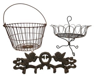 Vintage Wire Egg Basket, Cherub Cast Iron Coat Rack & Wire Fruit Basket - #S6-1