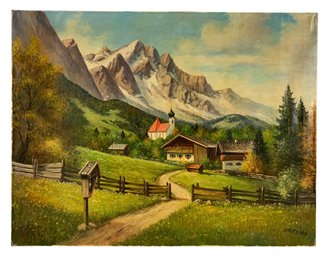 Mid-Century Bavarian Alps Landscape Oil On Canvas Painting, Signed Okreno - #S19-F