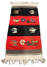 Mexican Hand Woven Wool Rug With Bird & Flower Motif - #S10-3