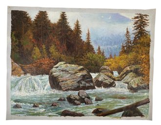 Mountain River Landscape Oil On Canvas Painting, Signed P. Sandee - #S13-4