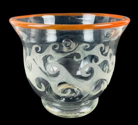Atlantian Vessel Hand Blown Etched Glass Footed Bowl, Signed Marchu - #FS-3