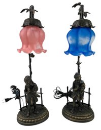 Andrea By Sadek Bronze Table Lamps With Glass Shades, Girl Holding Cat (WORKS) - #W1