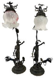Pair Of Bronze Lady Justice Table Lamps With Glass Shades (WORKS) - #W1