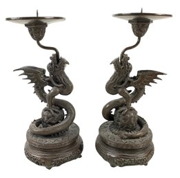 Pair Of Bronze Chinese Dragon Candlesticks - #FS-5