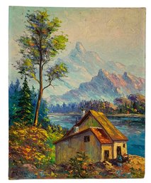 Lakeside Cabin Mountain Landscape Oil On Board Painting, Signed A. Vandres - #A9