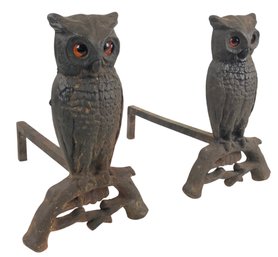 Cast Iron Owl Andirons With Glass Eyes - #S24-F