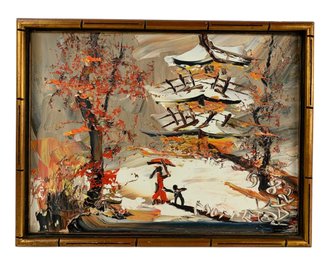 1982 Morris Katz Signed Pagoda Oil On Board Painting With Faux Bamboo Frame - #S19-F