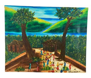 Haitian Folk Art Acrylic On Canvas Painting, Signed - #SC
