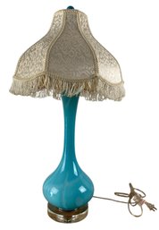 Blue Opaline Glass Table Lamp With Lucite Base & Fringe Shade (WORKS) - #S6-4