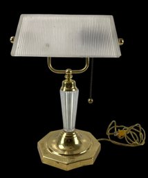 Brass Bankers Lamp With Frosted Ribbed Glass Shade (WORKS) - #S16-5