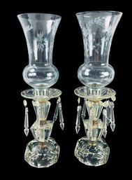 Vintage Crystal & Etched Glass Hurricane Lamps (Set Of 2) - #S10-2